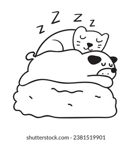 Dog and cat sleep together. Best friends. Graphic design black color. Vector outline illustration design. 