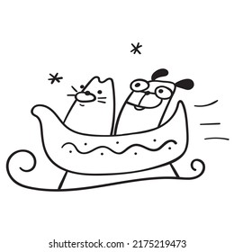 Dog and cat in sleigh. Outline vector illustration on white background.