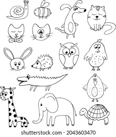 dog, cat, snail, bee, elephant, rabbit, bird, crocodile, owl, hedgehog, turtle set hand drawn doodle. vector, scandinavian nordic monochrome minimalism animals cute kids collection sticker coloring