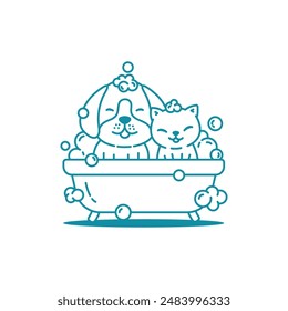 Dog and cat soaking in the bathtub