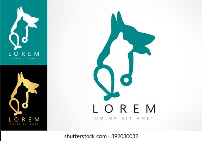 Dog and cat with stethoscope logo. Veterinary clinic illustration. Animal logo.