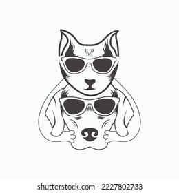 dog and cat with sunglass vector line art graphic.
