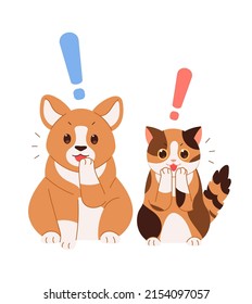 A dog and a cat with a surprised expression. big exclamation mark. Cute pet concept illustration.