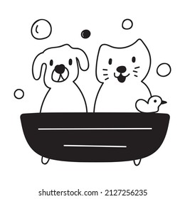 Dog and cat taking a bath. Outline icon. Vector illustration on white background.