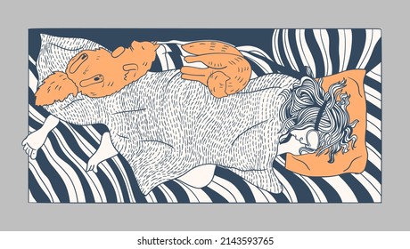 The Dog , Cat And Their Mistress Sleep At Night. Ink Drawing. Vector Illustration