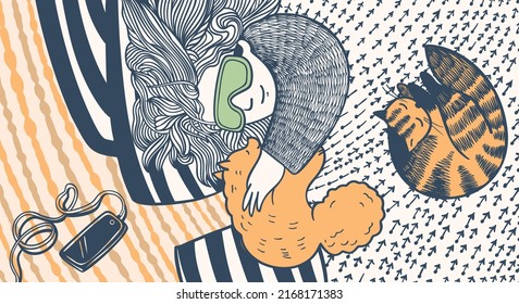 The dog , cat and their mistress sleep at night. Ink drawing. Vector illustration