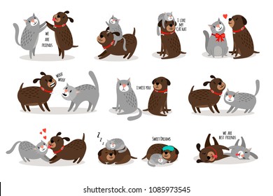 Dog   cat together  Funny dog and cat are best friends vector illustration  cartoon pets and funny texts isolated white background