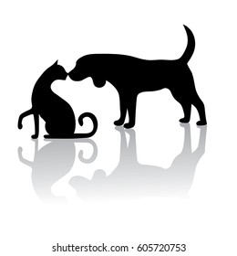 Dog and cat touching noses silhouette. EPS 10 vector.