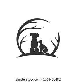 Dog With Cat And Tree logo design template. Vector Illustration.