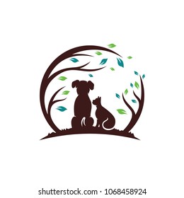 Dog With Cat And Tree logo design template. Vector Illustration.