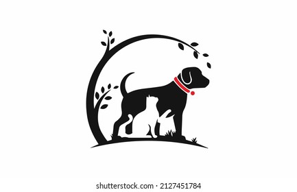 Dog With Cat And Tree logo design template. Vector Illustration.