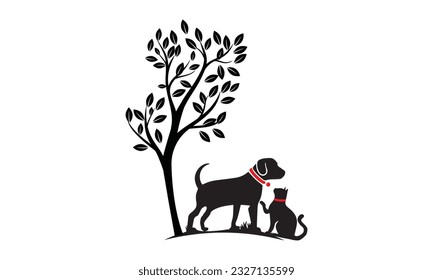  Dog With Cat And Tree logo design template. Vector Illustration.