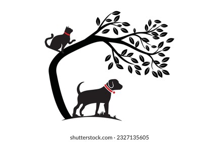  Dog With Cat And Tree logo design template. Vector Illustration.