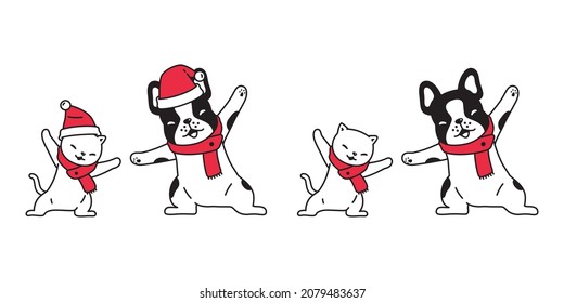 dog cat vector Christmas french bulldog Santa Claus hat kitten puppy neko calico pet icon character cartoon symbol scarf illustration design