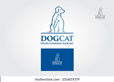 Dog Cat Vector Logo Template. Line symbols in blue color. Vector logo style silhouette cross incorporate with dog and cat. It's good for pet shop, pet house, clinic, care, or other pet activity. 