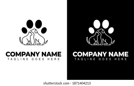 Dog Cat Veterinary Clinic Logo Template. Line symbols in negative, vector logo. Stylized silhouette cross incorporate with dog and cat. It's good for pet shop, clinic, care, or other pet activity.