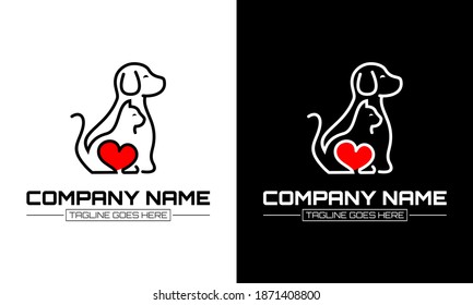 Dog Cat Veterinary Clinic Logo Template. Line symbols in negative, vector logo. Stylized silhouette cross incorporate with dog and cat. It's good for pet shop, clinic, care, or other pet activity.