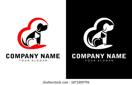 Dog Cat Veterinary Clinic Logo Template. Line symbols in negative, vector logo. Stylized silhouette cross incorporate with dog and cat. It's good for pet shop, clinic, care, or other pet activity.