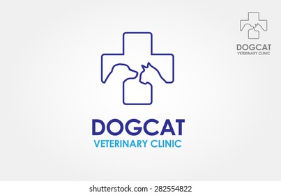 Dog Cat Veterinary Clinic Logo Template. Line symbols in negative, vector logo. Stylized silhouette cross incorporate with dog and cat. It's good for pet shop, clinic, care, or other pet activity. 