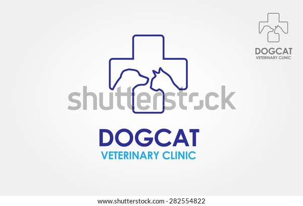 Dog Cat Veterinary Clinic Logo Template. Line symbols in\
negative, vector logo. Stylized silhouette cross incorporate with\
dog and cat. It\'s good for pet shop, clinic, care, or other pet\
activity. 