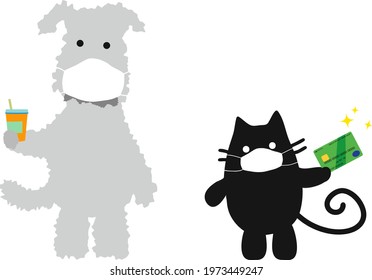 A dog and a cat wearing the surgical masks, shopping a drink with credit card safely. 