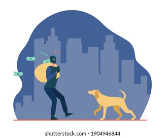 Dog catching thef with money bag. Crime, criminal, pet flat vector illustration. Burglary and protection concept for banner, website design or landing web page