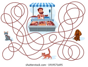 Dog and cats carry sausages. Guess which one of them stole a bunch of sausages from a butcher shop clerk? Children's game picture riddle on a white background.
