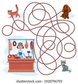 Dog and cats carry sausages. Guess which one of them stole a bunch of sausages from a butcher shop assistant? Children's game picture riddle on a white background.