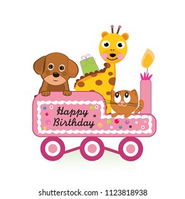 Dog, cats and giraffe with train. Happy birthday greeting card. Birthday train with animals.