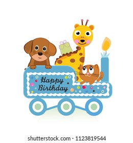 Dog, cats and giraffe with train. Happy birthday greeting card. Birthday train with animals background