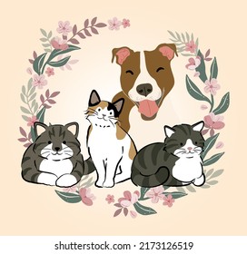 dog and cats love , flowers and pitbull smile 