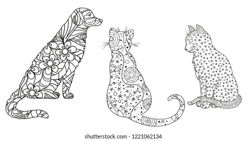 Dog and cats on white. Hand drawn animals with abstract patterns on isolation background. Design for spiritual relaxation for adults. Black and white illustration for coloring. Zen art