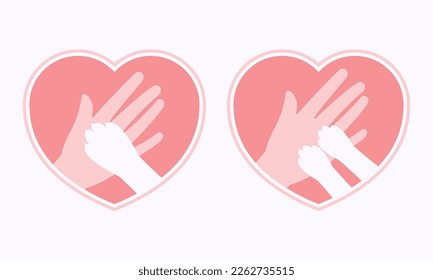 Dog and cats paws on big hand inside heart shaped frame icon, logo, sign or symbol