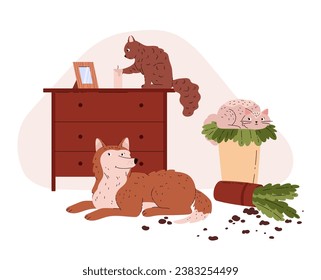 Dog and cats, pets at home in room, vector illustration isolated on white background. Cute animals made a mess in home, interiors with dresser and fallen house plants. Drawn in a flat cartoon style