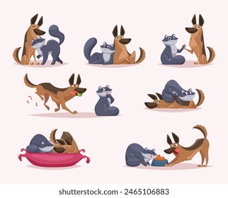 Dog and cats together. Friendship of domestic animals cats dogs playing sitting together exact vector cartoon illustrations