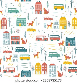 Dog and cats in town, that looks like London. Old fashion houses and cars, road, trees, hearts. Cute design for kids apparel. Vector seamles pattern