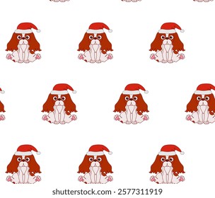 dog cavalier king charles spaniel in santa hat seamless pattern vector Santa Claus Xmas snowflake  cartoon isolated tile background repeat wallpaper illustration