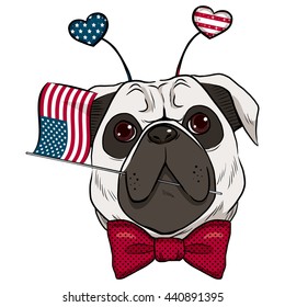 Dog celebrating 4th of July holding United States flag in mouth and hearts headband accessory