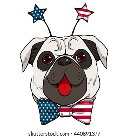 Dog celebrating 4th of July showing big red tongue and stars headband accessory with United States flag