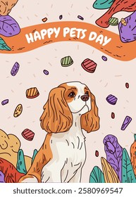 Dog celebration colorful treats leaves playful. Cavalier King Charles Spaniel surrounded by vibrant dog treats and abstract leaves on beige background. Perfect for pet-themed banners