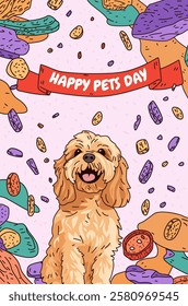 Dog celebration Happy Pets Day joyful scene. Cute fluffy dog surrounded by colorful pet treats and playful abstract shapes on a light background. Greeting card design