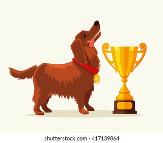 Dog champion with gold cup. Vector flat cartoon illustration