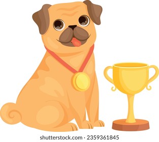 Dog champion with trophy cup. Funny cartoon pet isolated on white background