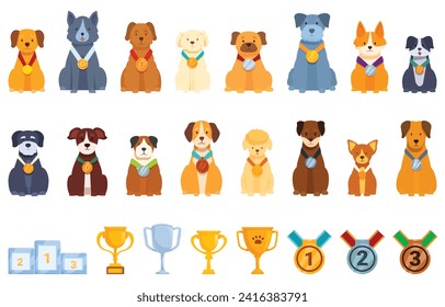 Dog champion trophy cup icons set cartoon vector. Podium puppy show. Pet place