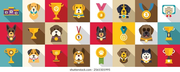 Dog champion trophy cup icons set. Set of champion dogs winning awards, medals, trophies, and rosettes at pet show competition