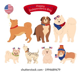 Dog character cartoon set American Independence Day. Funny patriotic pet different breeds dogs with flag USA flat style. Hand drawn friendly animals corgi, pug pup. Isolated vector illustration