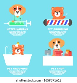 dog character cartoon vector. 
1.veterinarian  beagle and injecttion .veterinary professional consultation
2.pomeranian grooming concept
3.pomeranian take a bathtub
4.cashier beagle in pet shop