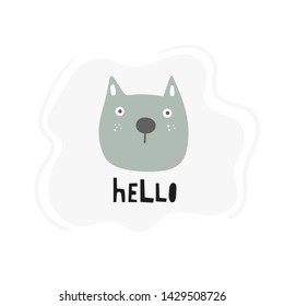 Dog character. Cute illustration with hello lettering quote. Card, postcard, poster for pet store, adoption center