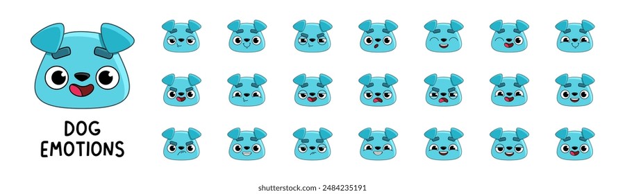 Cabeza de personaje de perro. Pegatinas de mascotas con diferentes emociones. Vector lindo personaje animal, mascota