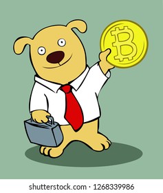 Dog character holding a bitcoin